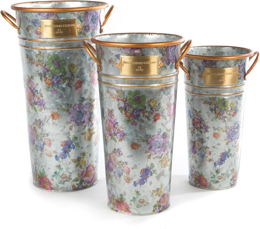 MACKENZIE-CHILDS Galvanized Flower Buckets, Decorative Metal Buckets, Flower Market, Set of 3