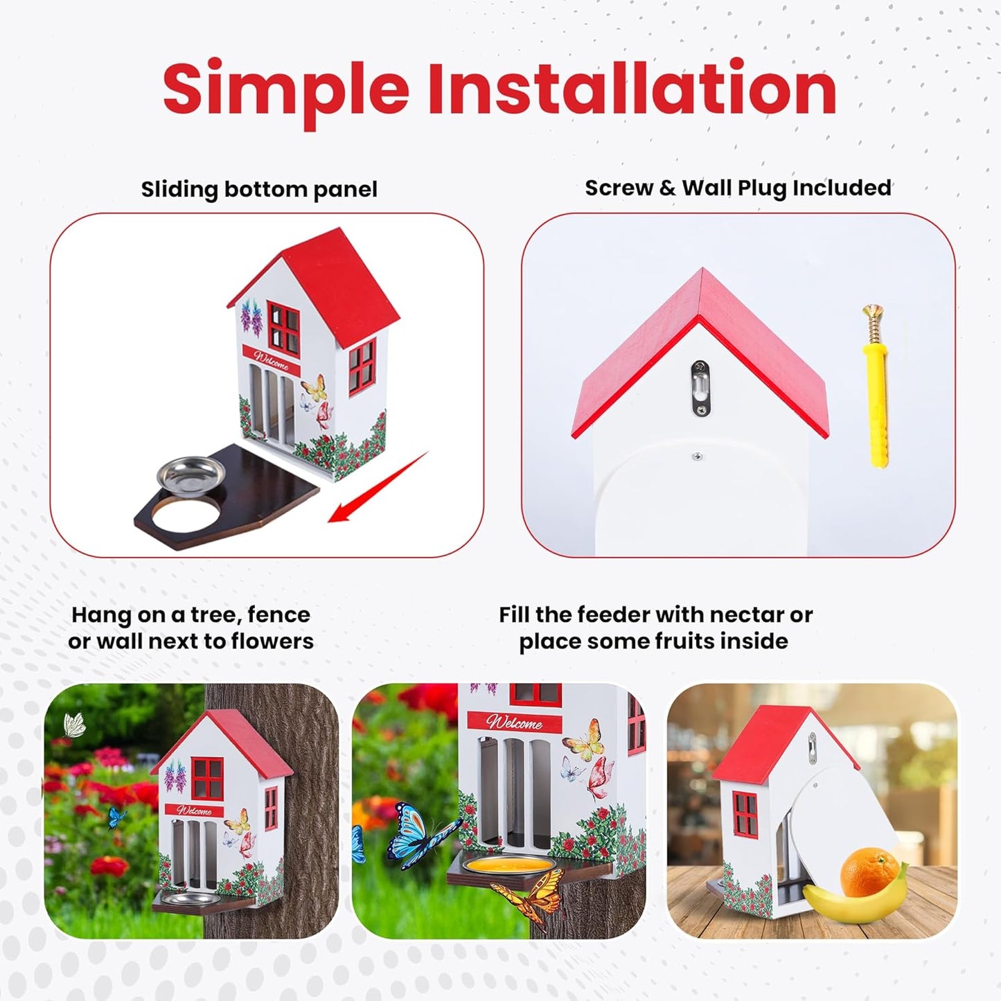 No Assembly Required! Wooden Butterfly House and Feeder for Outside with Hook, Durable Butterfly Habitat with Puddler, Unique Vibrant Design, Hanging Garden Decoration, Easy Cleaning