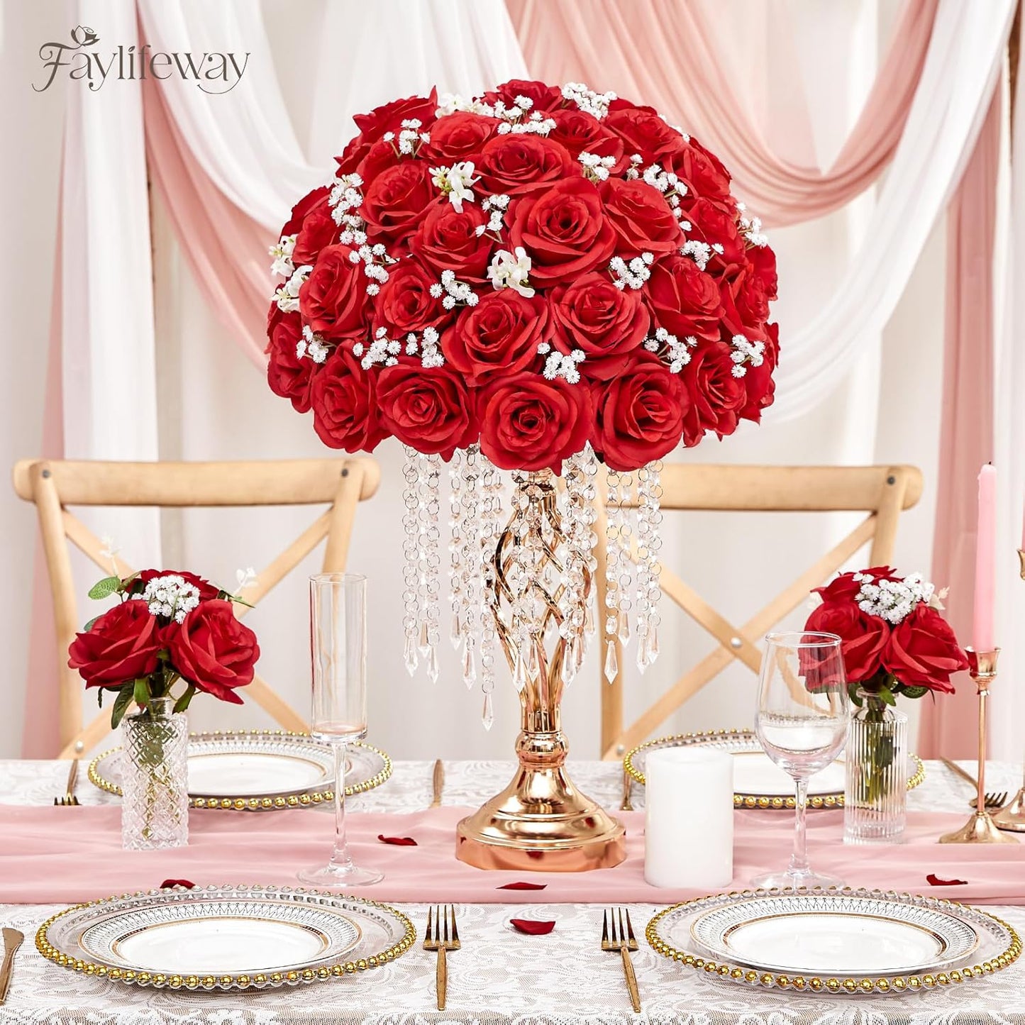 20PCS Artificial Red Roses, 3.9'' Silk Flower Head Fake Red Rose with Long Stems, Realistic Faux Roses Bouquet for DIY Wedding Home Party Office Decoration