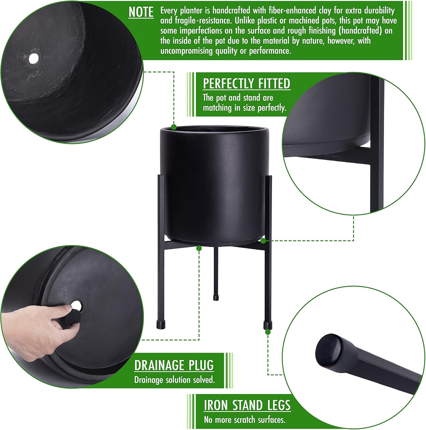 D'vine Dev Modern Black Plants Pot Cylinder Planter with Heavy Duty Stand, Small 8 Inch Pot, 12.6 Inch with Stand Height, 96-T-B-1