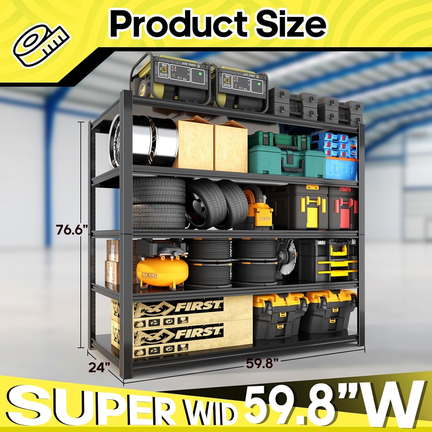 5 Tier Adjustable Metal Shelving Storage Rack,Storage Shelves,59.8" Wx24 Dx76.6 H Garage Shelving Heavy Duty,Industrial Shelving Unit for Basement,Warehouse,Garage Organization.1 Pack