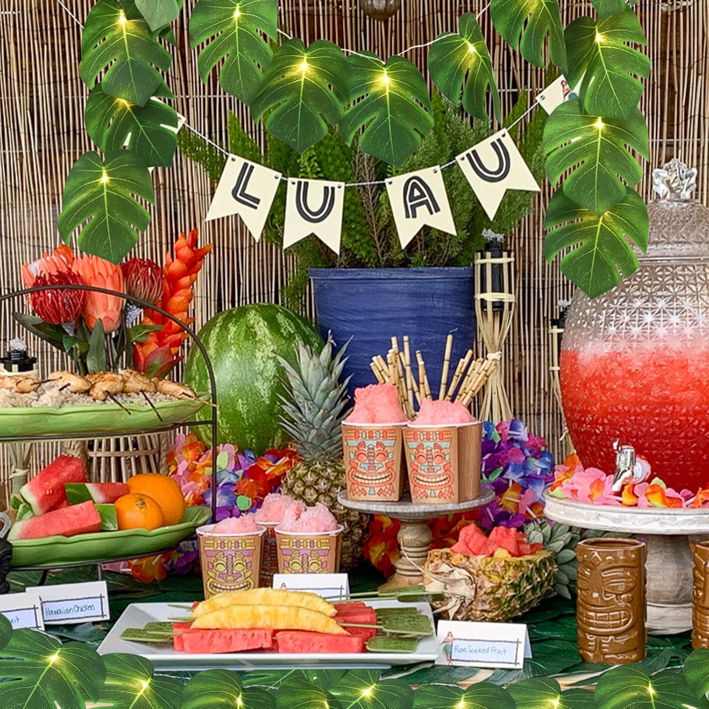 RECUTMS 2 Pack Artificial Tropical Palm Leaves String Lights, Large Size 20 LED Monstera Green Leaf Hanging Vine Greenery,Indoor Hawaiian Luau Jungle Beach Safari Baby Shower Party Spring Summer Decor