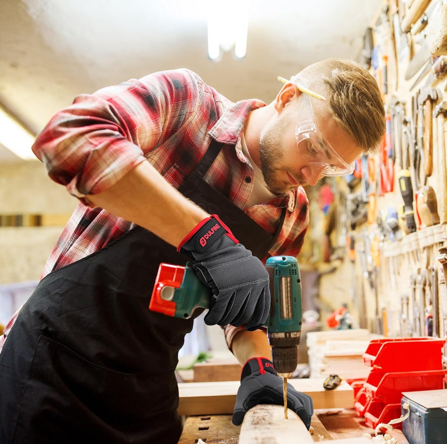 DULFINE Flex Grip Mechanic Work Gloves for Men,Black and Red Utility Safety Working Gloves Touch Screen,Excellent Grip,Ideal for Working on Cars and Outdoor Jobs(XX-Large)