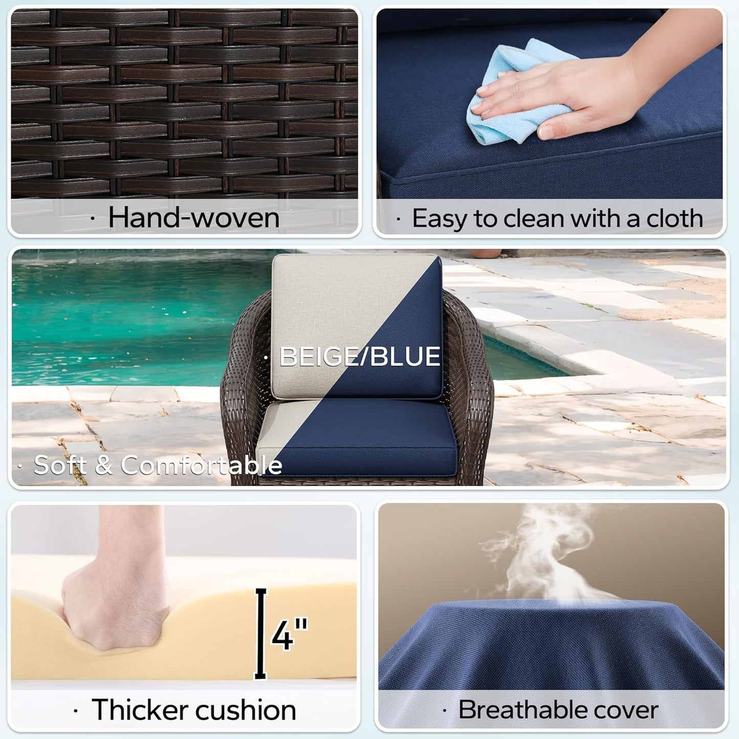 5 Pieces Outdoor Patio Conversation Furniture Set with Removable Covers, All-Weather PE Rattan, 4 Steel Frame Wicker Chairs with Cushions, 47" Metal Coffee Table for Yard (Navy Blue)