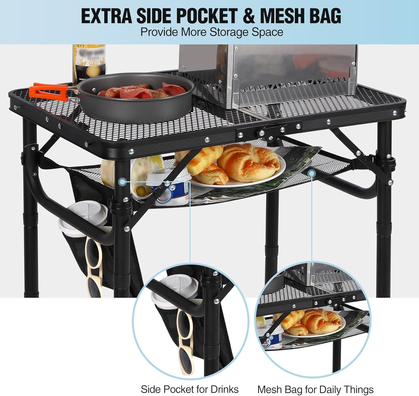 RedSwing Folding Grill Table, Lightweight Height Adjustable Aluminum Table with Mesh Desktop and Mesh Bag for Outdoor Camping Picnic BBQ, Small 2 Feet, Black