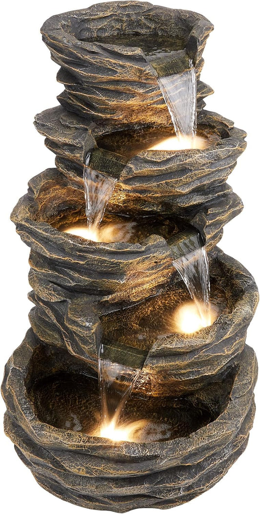 Alpine Corporation GIL110 Outdoor 5 Tiered Natural Look Rock Water Floor Fountain with Replaceable Lights,39" H, Brown