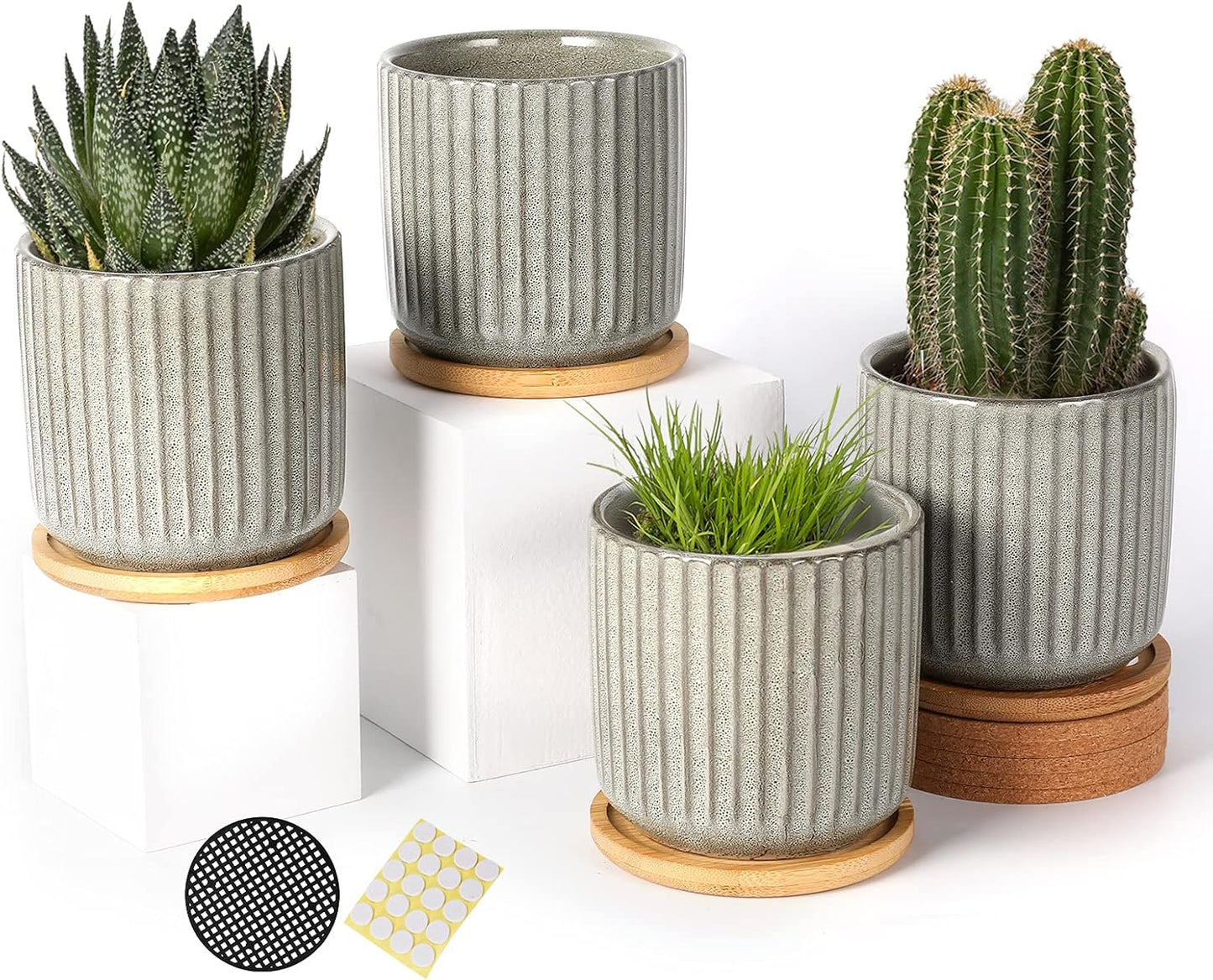 OMAYKEY 4 Inch Ceramic Plant Pot with Saucer, Creative Stripe Grey-Green Small Planters Pots with Drainage Hole and Mesh Pads for Succulent, Cactus, Herbs - Set of 4