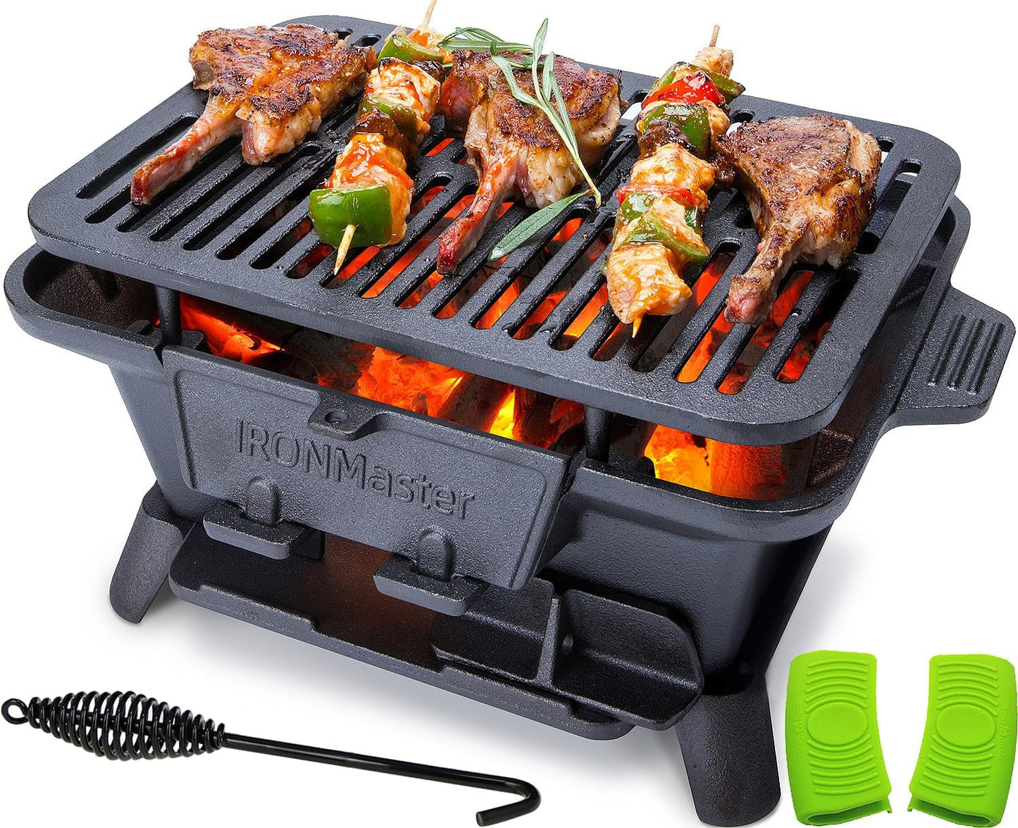 IronMaster Hibachi Grill Outdoor, Small Portable Charcoal Grill, Pre-Seasoned Cast Iron, Japanese Yakitori Camping Grill - 2 Heights, Air Control, Coal Door