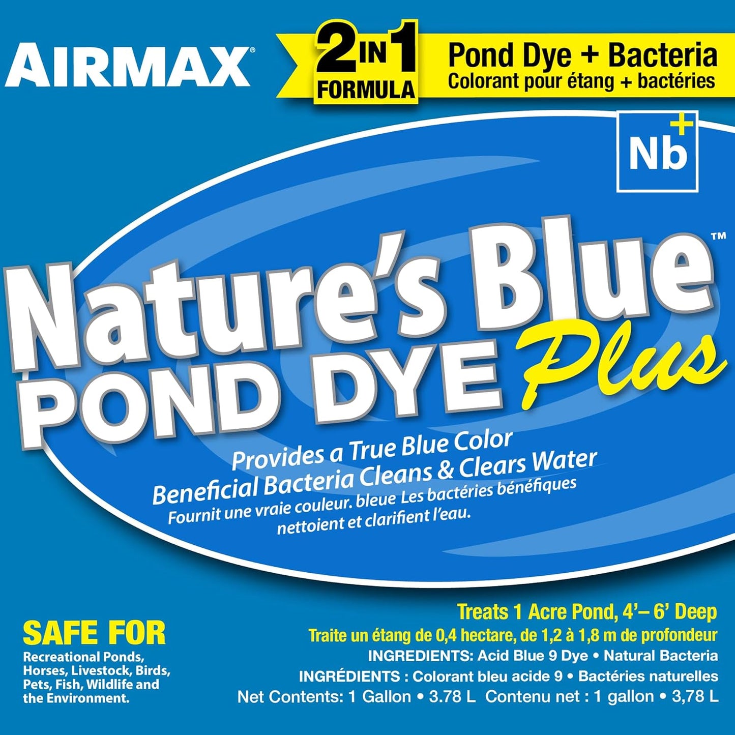 Airmax Pond Dye Plus, Nature's Blue Colorant & Natural Beneficial Bacteria, Large Pond & Lake Water Clarifier & Color Treatment, Shade Plants & Algae from Sunlight, Fish & Livestock Safe, 1 Gallon