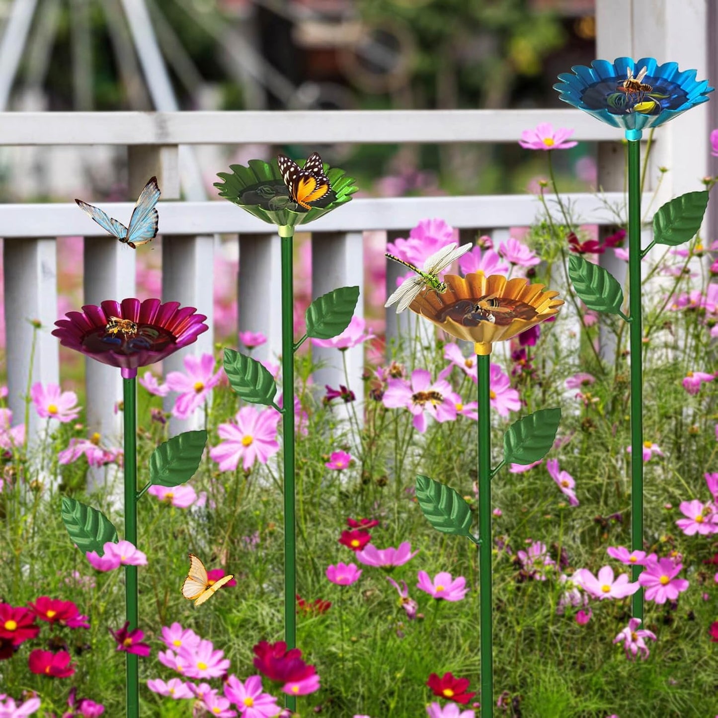 2 Pack Bee Watering Station, Bee Baths for Garden with Glass Marbles, Colorful Metal Butterfly Bird Water Feeder Supplies for Outdoor Garden Yard Farm Decor Flower Design (Blue,Yellow)