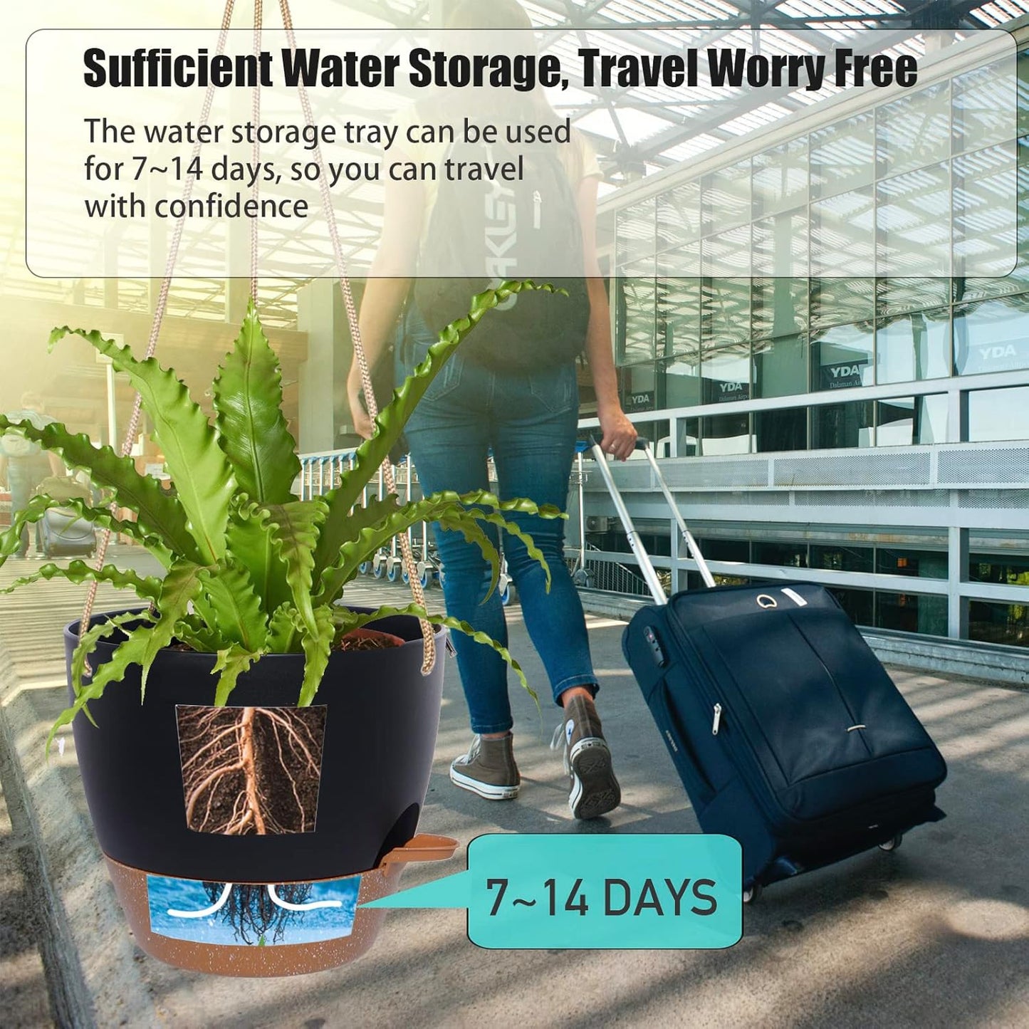 8 inch Hanging Planters, 2 Pack Self Watering Hanging Pots with 20oZ Deep Reservoir for Indoor Outdoor Plants Flowers, Black with Brown