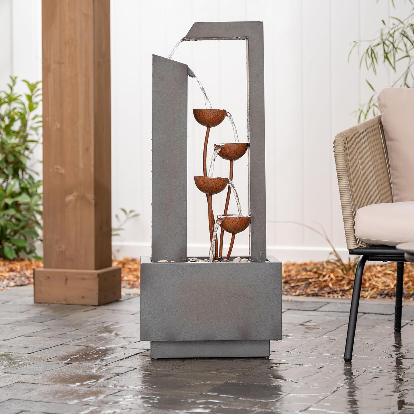 XBrand Freestanding Sculptural Metal Multi-Tiered Flower Water Fountain, No LED Lights, Gray and Bronze, 38" Tall