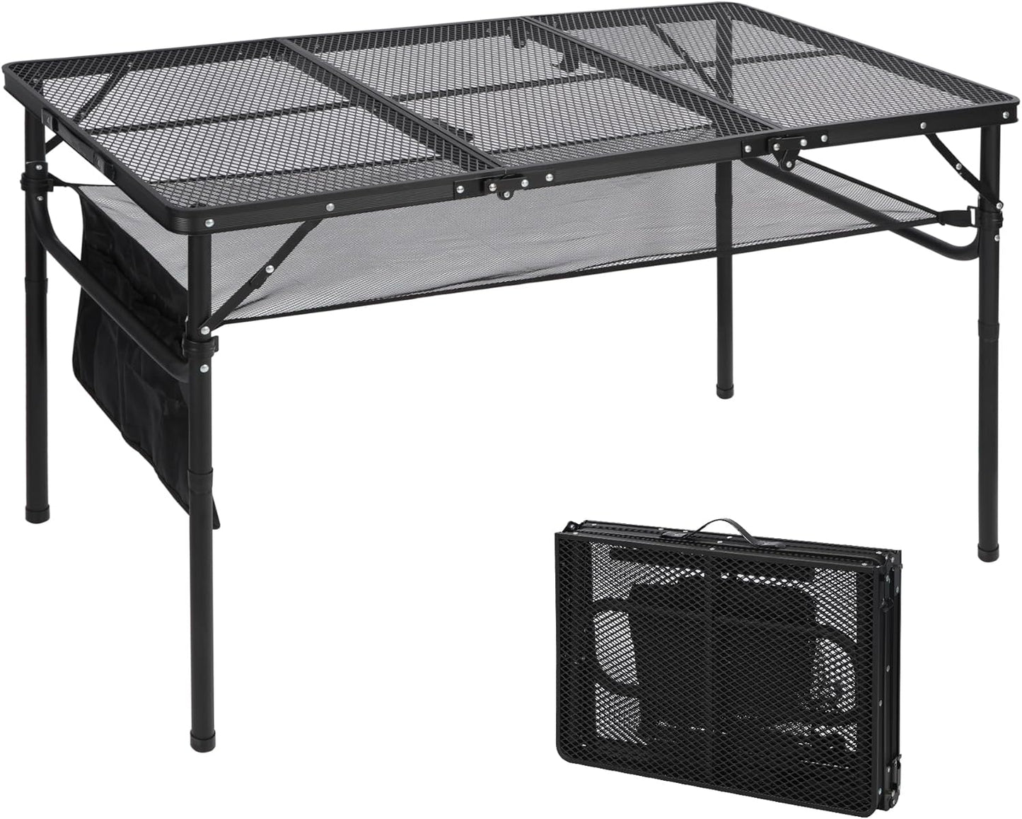 REDCAMP 48x24 Long Folding Grill Table for Outside, Lightweight Portable Double Layer Metal Aluminum Outdoor Grill Table with Adjustable Height Legs, Great for Camping Picnic Cooking BBQ, Black 4ft