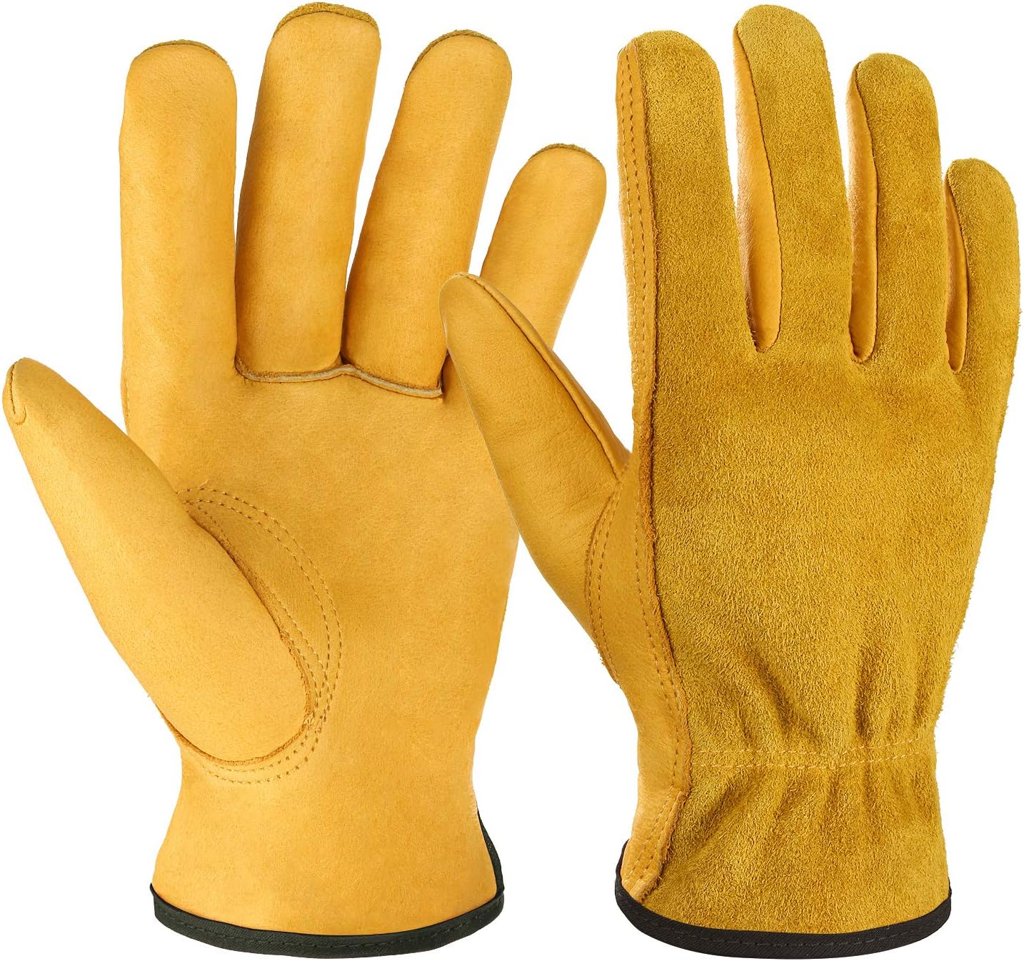 OZERO Leather Work Gloves Flex Grip Tough Cowhide Gardening Glove for Wood Cutting/Construction/Truck Driving/Garden/Yard Working for Men and Women 1 Pair (Gold,X-Large)