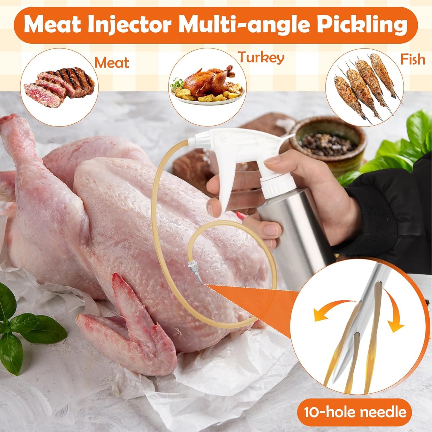 AHIER 2in 1 BBQ Spray Bottle, Turkey Marinade Injector Stainless Steel Grill Spray Bottle & Meat Injector with 2 PCS Cleaning Brush