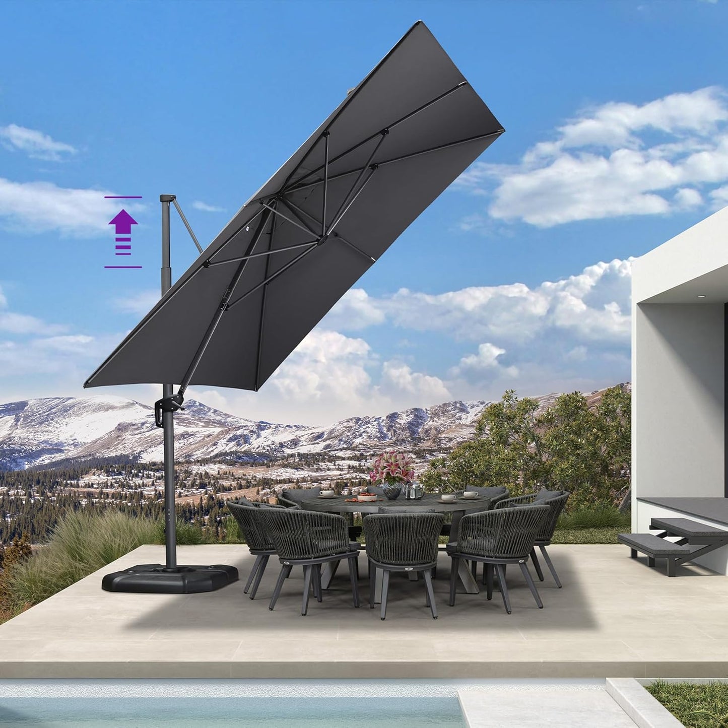 PURPLE LEAF 11.5' X 11.5' Telescopic Patio Umbrella Outdoor Cantilever Umbrella Square Up Down Lifting Offset Umbrella with 360-degree Rotation for Garden Deck Pool Patio Grey