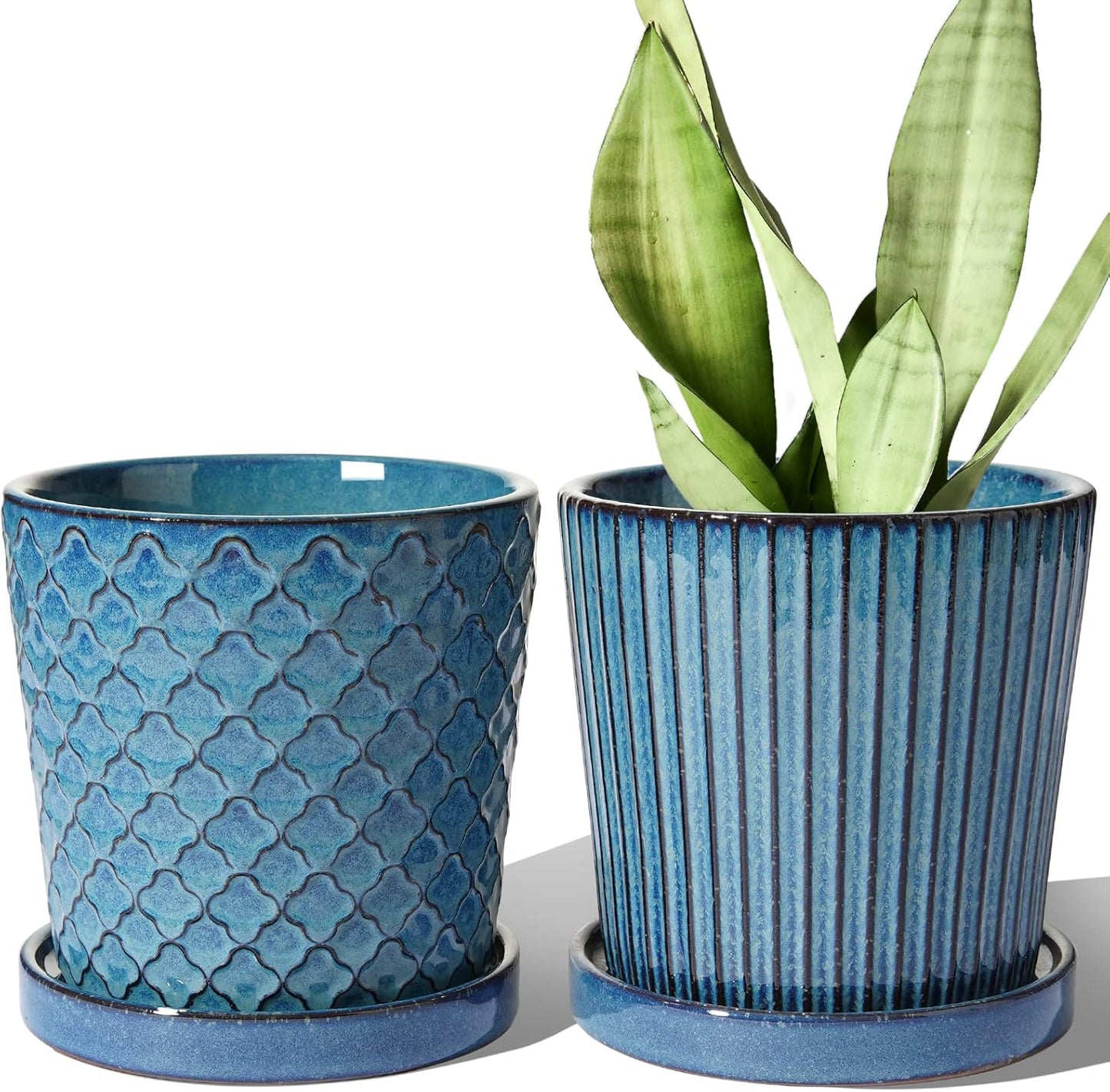LE TAUCI Ceramic Pots for Plants, 5.5 Inch Plant Pots with Drainage Hole and Saucer, Indoor Plant Pots for Succulent, Snake Plants and Cactus, Flower Pots, Set of 2, Reactive Glaze Blue