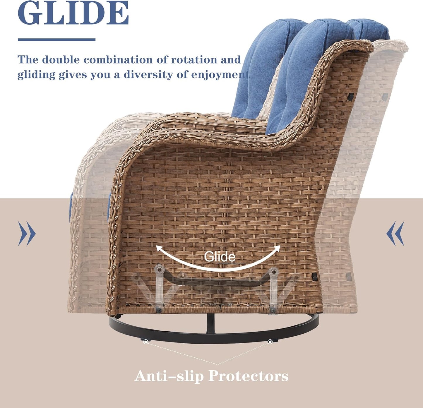 Outdoor Swivel Rocker Patio Chairs - 360 Degree Swivel Glider Seating 350LBS Weight Capacity Wicker Rocking Chairs Set of 2 with Removable Cushion for Porch Balcony Deck, Yellow/Blue