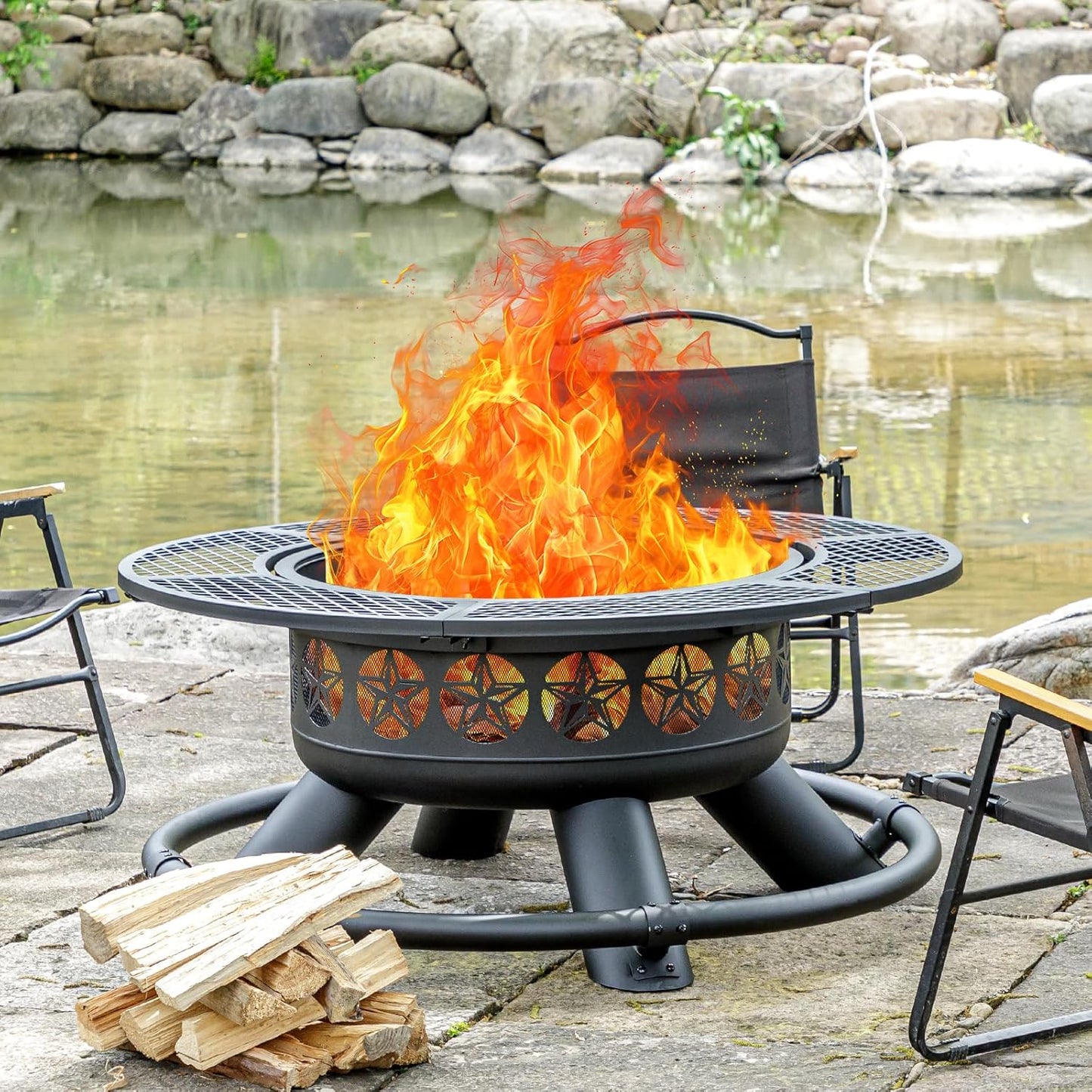 47 Inch Outdoor Fire Pit with 2 Grills, Extra Large BBQ Firepits for Outside, Metal Round Fire pits with Lid&Fire Poker,3 in 1 Wood Burning Outdoor Fireplaces for Backyard,Patio,Bonfire