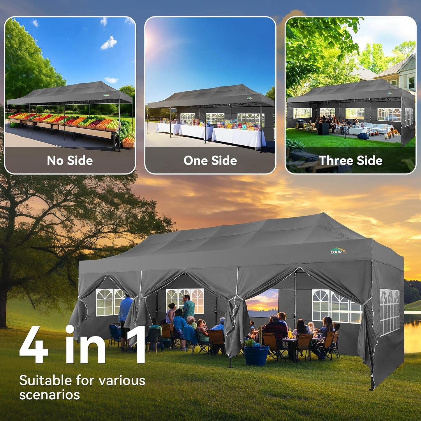 COBIZI 10x30 Pop up Canopy Tent Heavy Duty with 8 Sidewalls, Easy Set-up Commercial Outdoor Party Tent, 100% Waterproof Wedding Gazebo, 3 Height Adjustable with Wheeled Bag,Grey