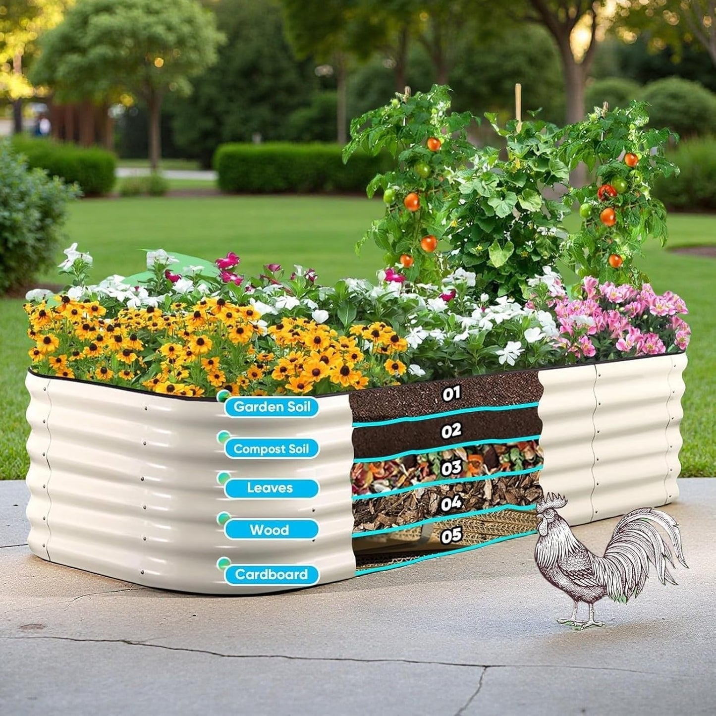 Galvanized Steel Raised Garden Bed 8x2ft Oval - 17" Tall 9-in-1 Modular Planter Box for Vegetables/Flowers, Rust-Proof Metal Outdoor Planters Rubber Edging (White)