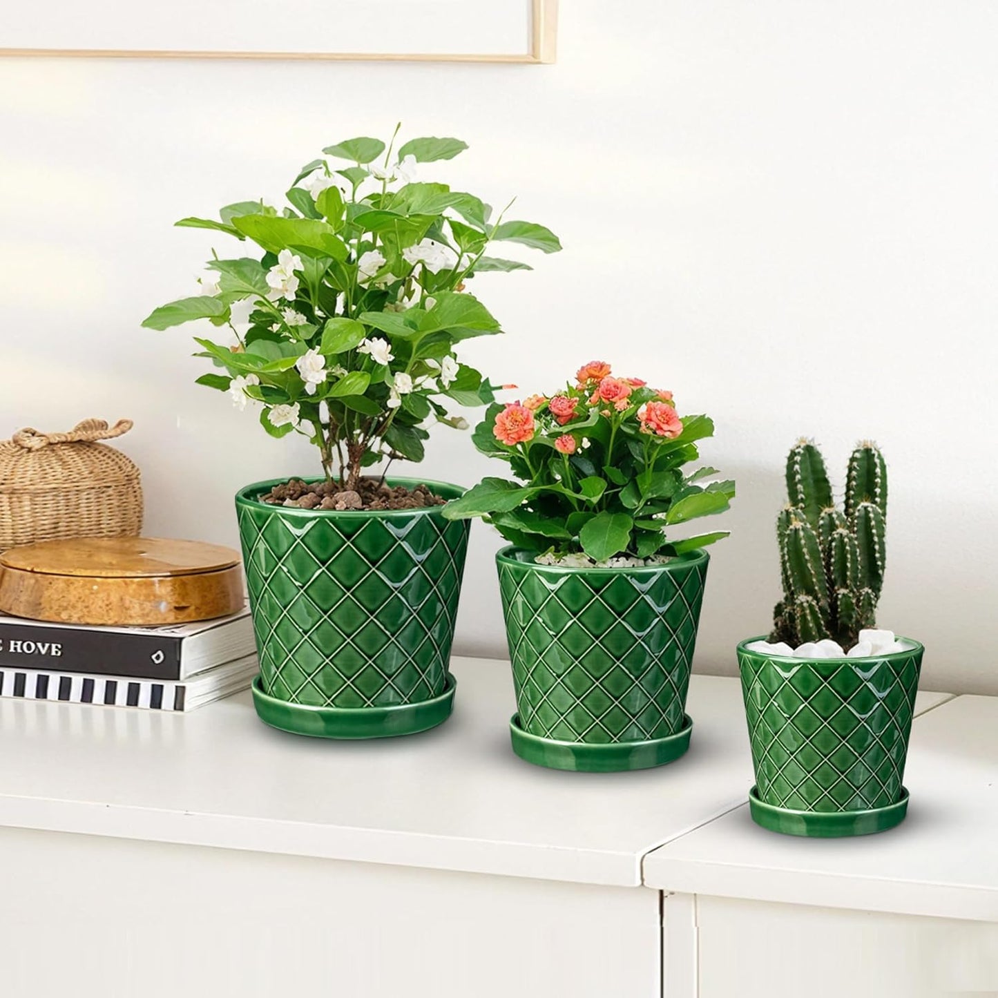 EFISPSS Ceramic Plant Pots, 4+5+6 Inch Pots for Indoor Plants, Flower Pots with Drainage Hole and Tray,Indoor/Outdoor Usage, Modern Style Garden Pots Set of 3 - Patina