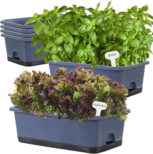 Window Box Planter 6 Pcs, 18 Inches Rectangle Flower Pots with Drainage Holes and Trays, Vegetable Planters for Windowsill Patio Garden Balcony Home Porch Yard Indoor Outdoor (Grey, 18*10*6 inch)