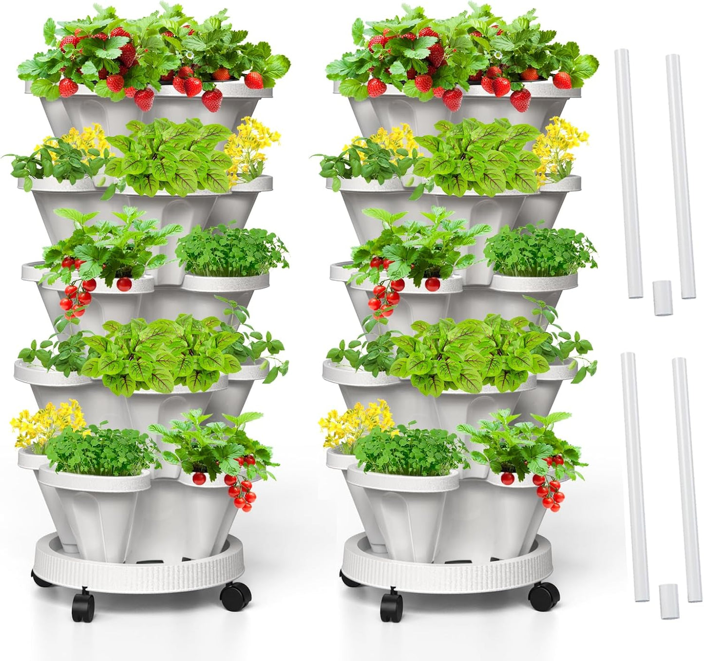 Strawberry Vertical Planter, 5 Tiered Stacking Garden Tower, Stackable Herb Vegetable Planters with Support Pole Indoor and Outdoor - White