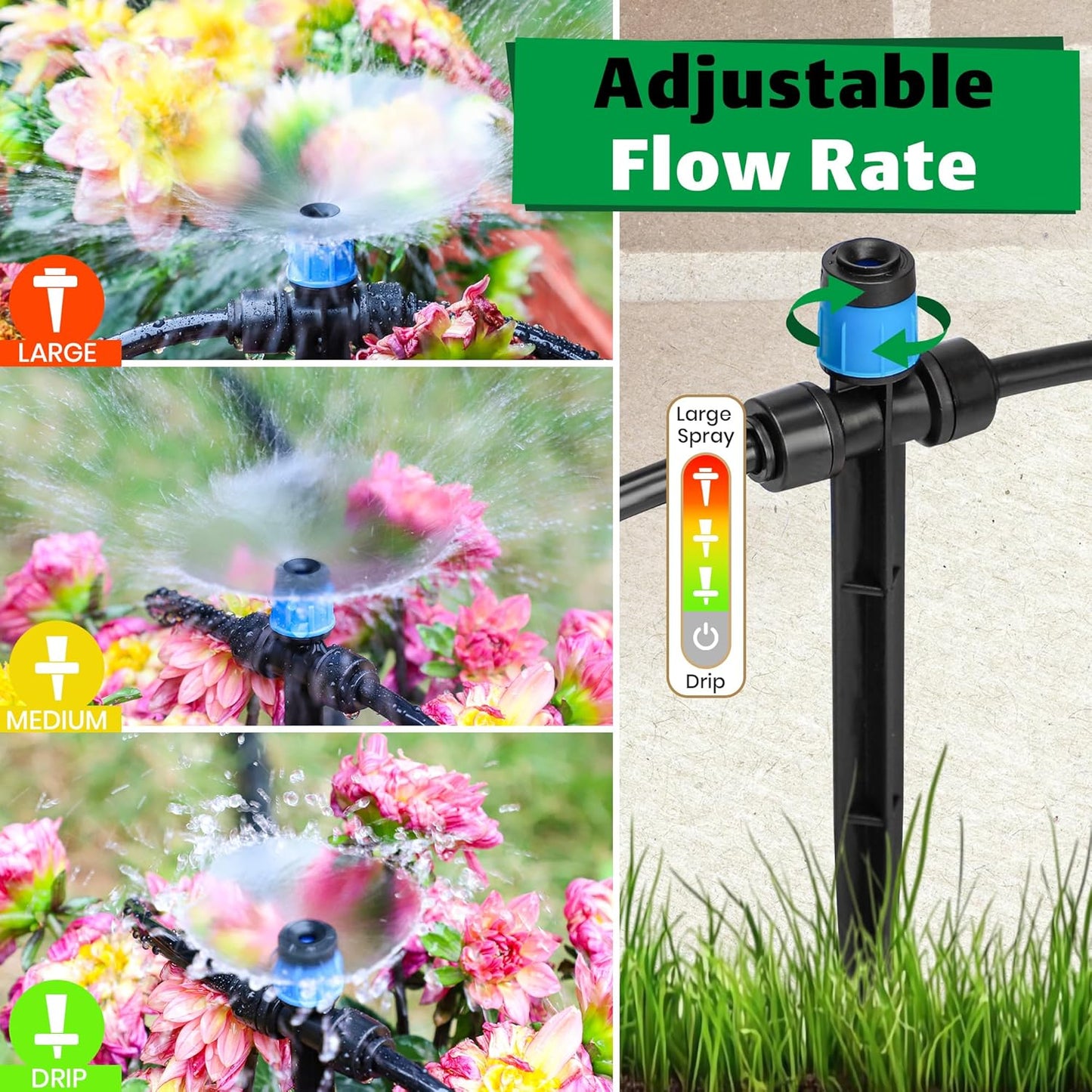 MIXC 20pcs Two-Way Quick-Connect Drip Irrigation Emitters for 1/4" Drip Irrigation Tubing - Adjustable Push-to-Connect 360° Drip Emitters Vortex on 7" Sturdy Stake for Irrigation System