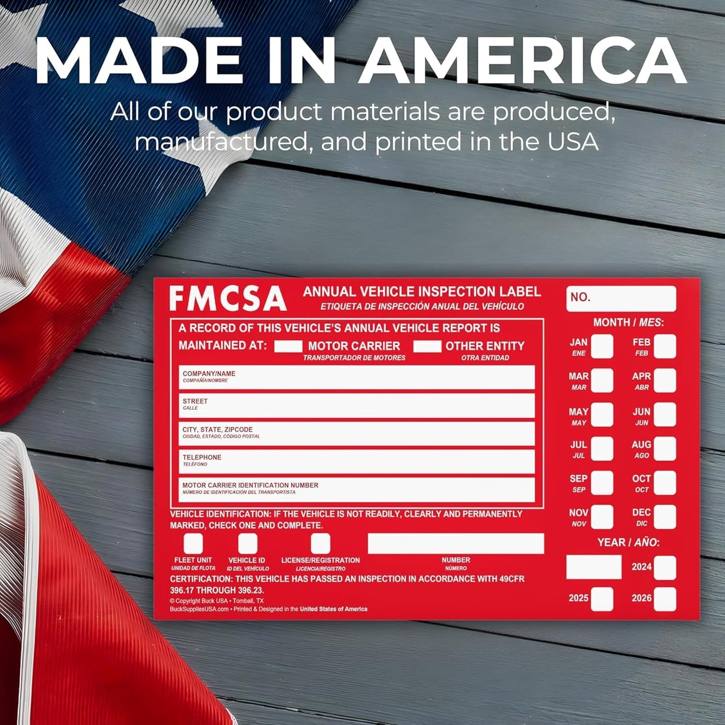 100 Pack Buck Aluminum Annual Vehicle Inspection Label with Punch Boxes, 2 Mil Red FMCSA Self Adhesive Sticker, DOT Compliant, Weatherproof, Tear Resistant, Easy to Write On, 6" x 3.5" - Made in USA