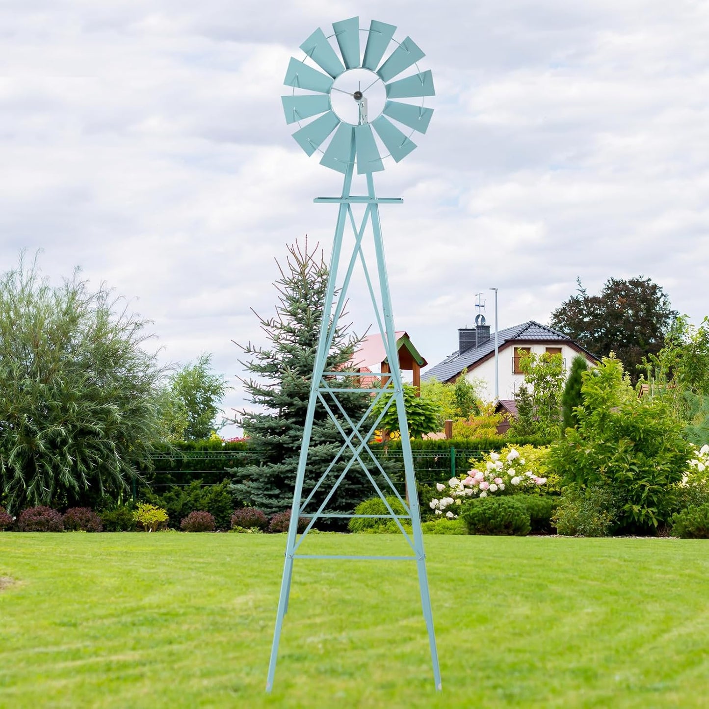 8FT Garden Windmill, Heavy Duty Metal Weather Vane, Yard Ornamental Wind Spinner, Wind Mill Decoration for Backyard Weather Resistant (Light Blue, 8ft)