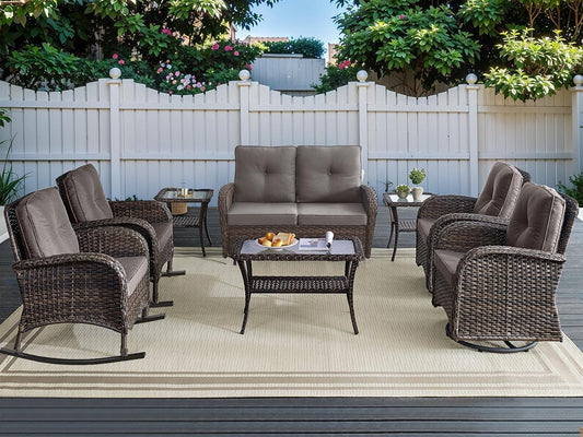 HUMMUH Patio Furniture 7-Piece PE Wicker Outdoor Conversation Set,All-Weather Swivel and Rocking Chairs,Glider Loveseat,Coffee Tables for Backyard,Poolside,Deck