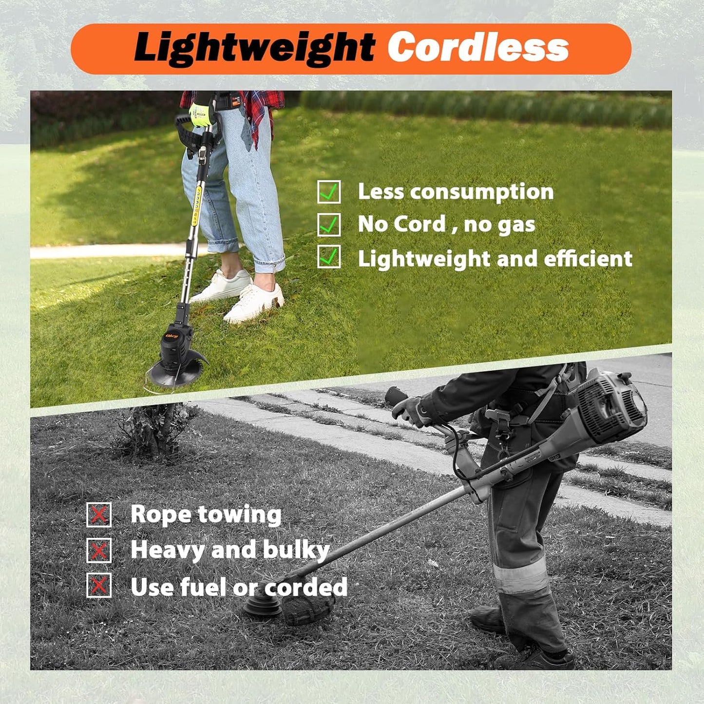 Cordless Weed Wacker, Ohey Electric Brush Cutter, Adjustable Pole Length Weed Eater, Foldable & Lightweight, 3 Blade Types, Battery-Powered Cordless Weed Eater for Lawn, Garden, Yard Work