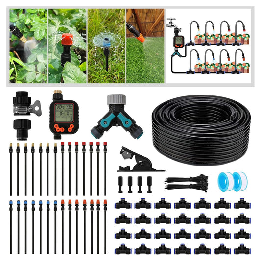 Drip Irrigation Kit - 100 FT. Hose Sprinkler System with 360° nozzles and T-connectors for Gardens, lawns, Plants, Flower beds, Trees, patios and hydroponics (28 nozzles + 28 connectors)