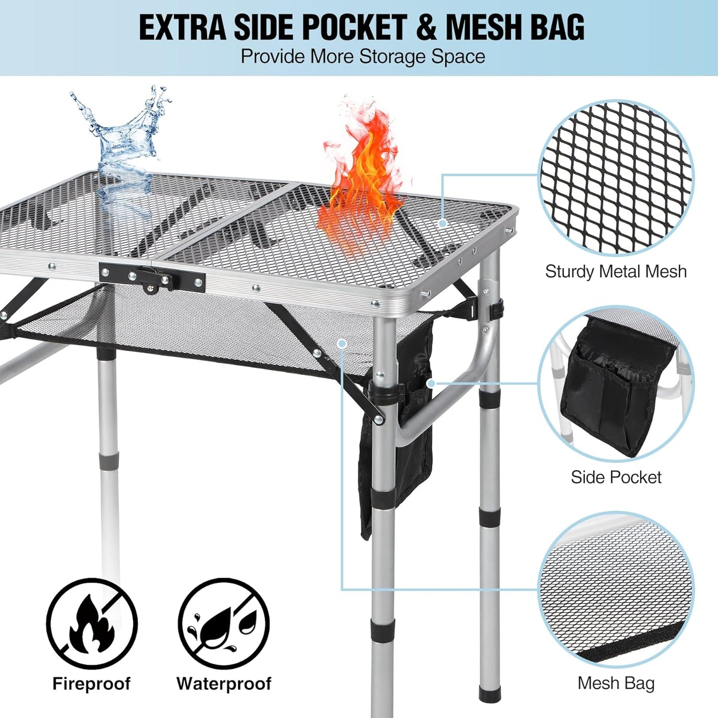 RedSwing Folding Grill Table, Lightweight Height Adjustable Aluminum Table with Mesh Desktop and Mesh Bag for Outdoor Camping Picnic BBQ, 2 Feet, Sliver