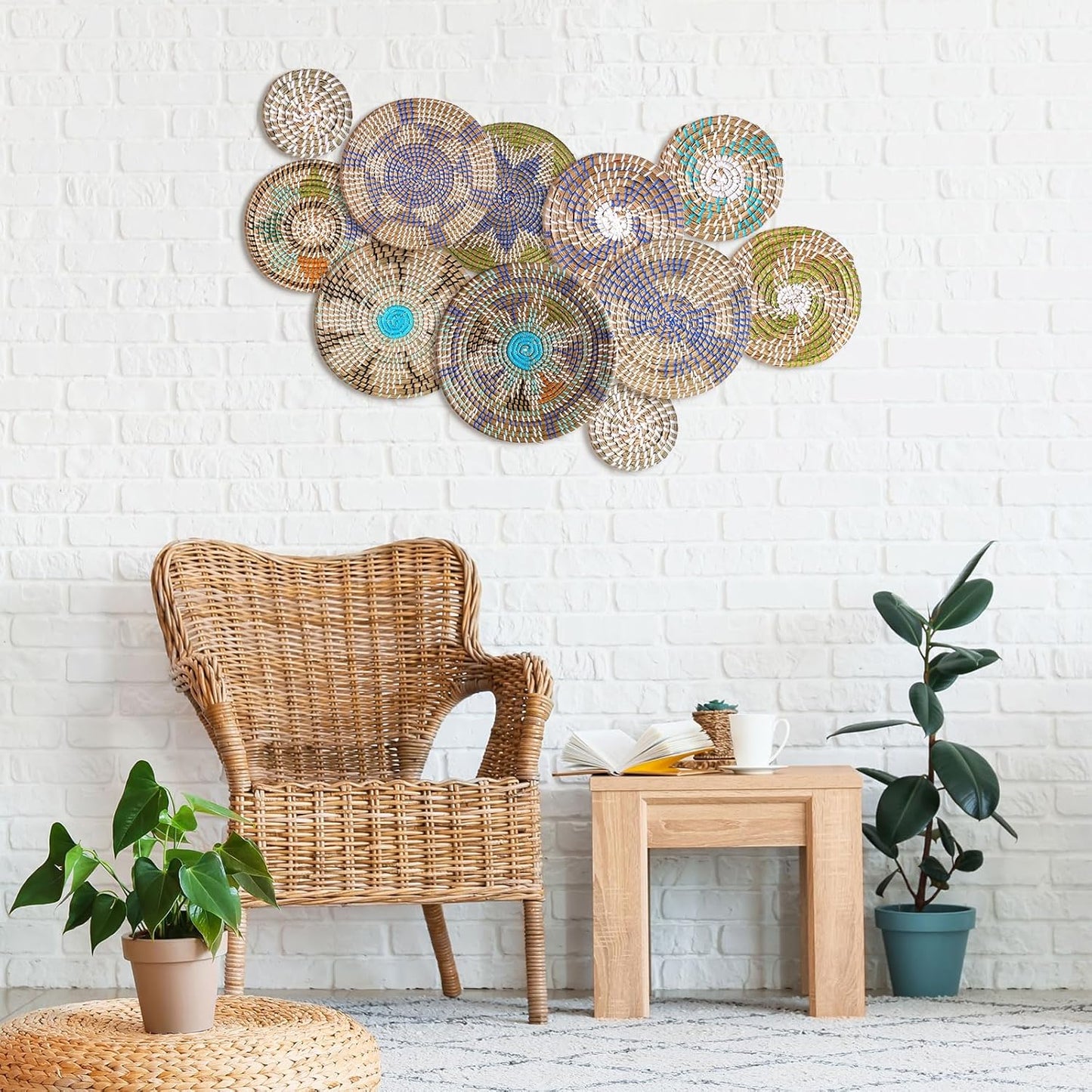 Tatuo 11 Pcs Boho Wall Basket Decor Decorative Bulrush Woven Basket Wall Decor Art Round Farmhouse Hanging Baskets for Kitchen Rustic Home Summer Decorations, Multi Sizes(Multicolour)