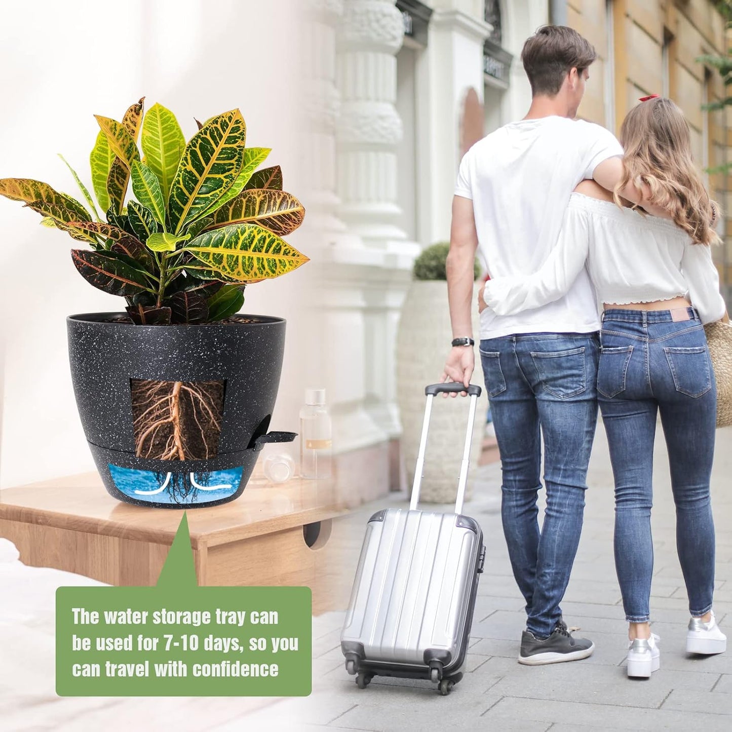 10/9/8 inch Self Watering Pots, Set of 3 Plastic Planters with Mesh Drainage Holes and Deep Reservoir for Indoor Outdoor Garden Plants and Flowers, Black Speckles