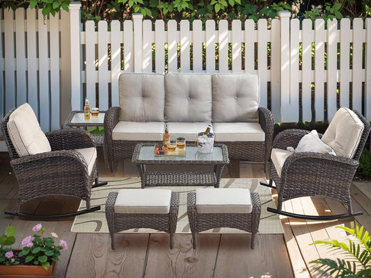 HUMMUH 7-Piece Outdoor Patio Furniture PE Wicker Patio Conversation Set,High Back Patio Couch with Ottomans Outdoor Rocking Chairs with Tables for Backyard,Porch,Deck