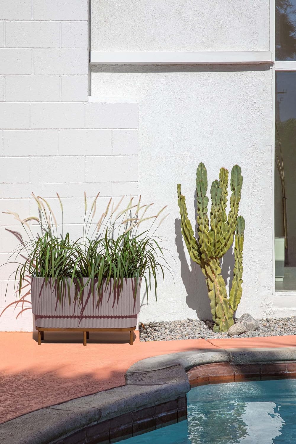 Veradek Demi Series Raised Long Planter for Indoor/Outdoor Use | Made from Plastic & Stone w/Wooden Stand | Modern Patio Décor for Flowers/Shrubs