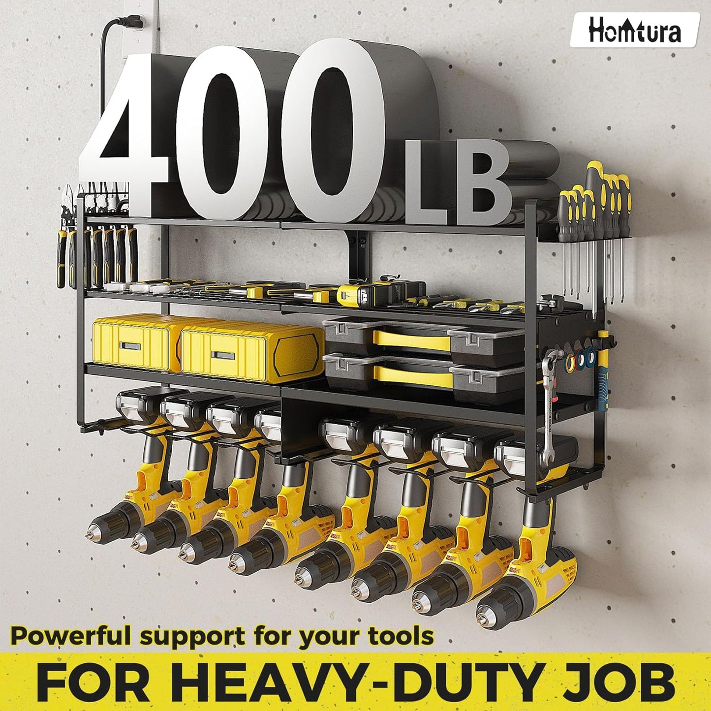 ‌Heavy Duty 4-Layer Power Tool Organizer Wall Mount with 8 Outlet Power Strip- Holds 8 Cordless Drills, 400lbs Capacity Metal Garage Storage Rack‌