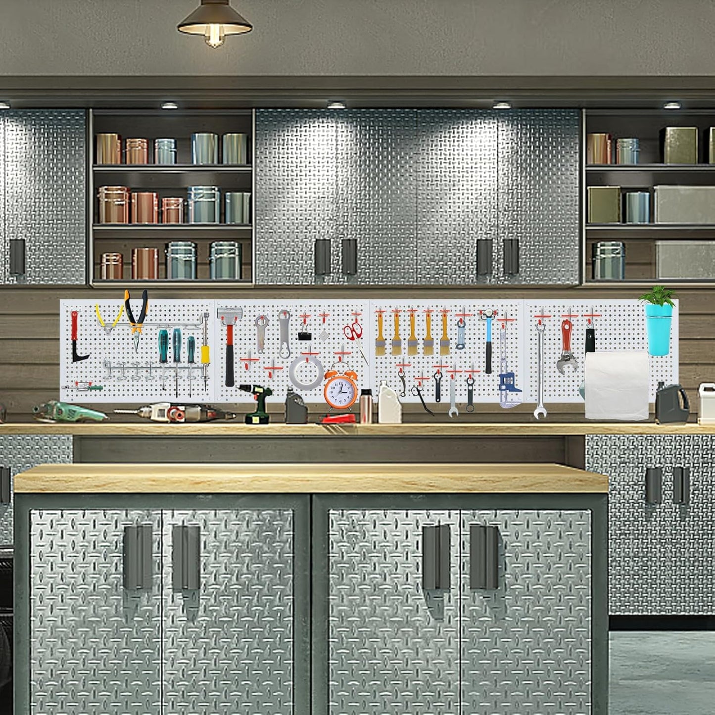 Peg Board, Heavy Duty Steel Organization Panels, Universal 1/8 and 1/4 Peg Board Accessories, Ideal for Garage Tool Storage, Pack of 4(White, 16X10.5)