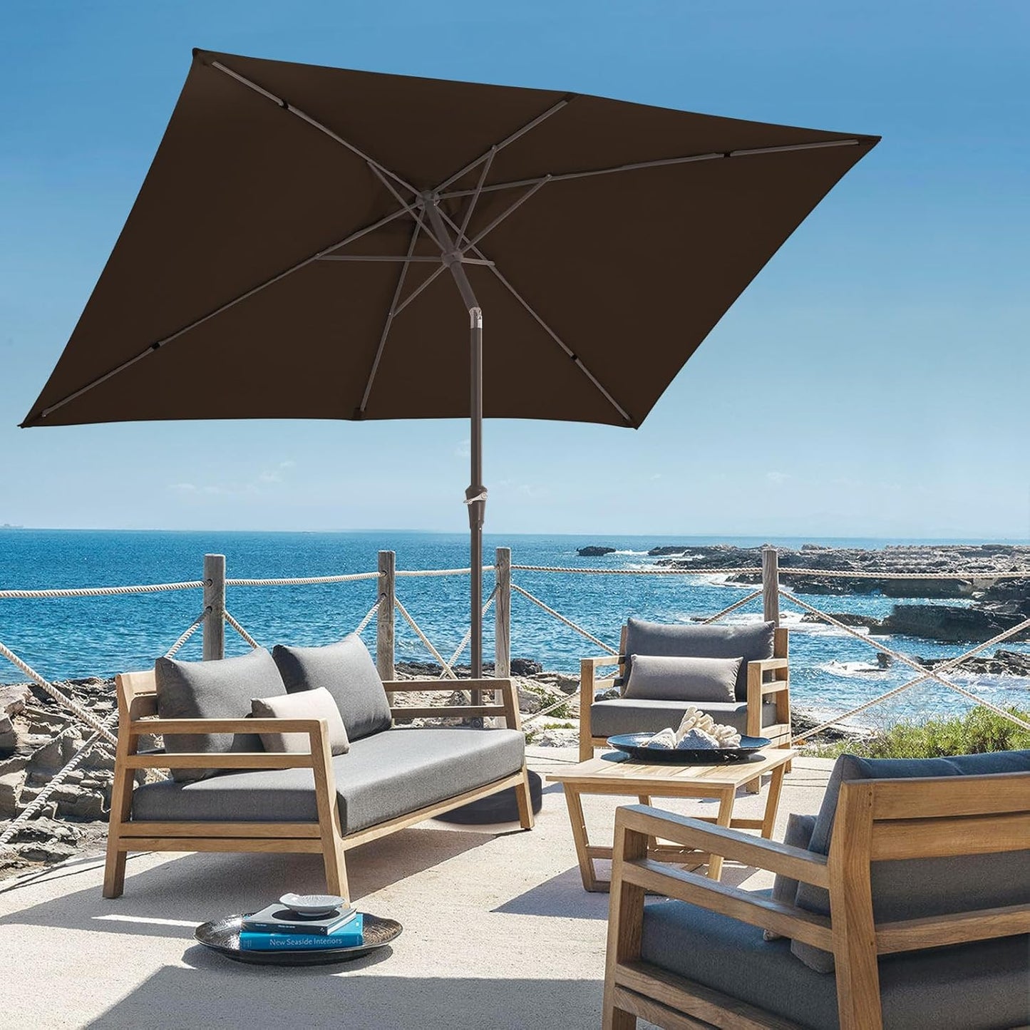 JEAREY 6.5x10 ft Rectangular Patio Umbrellas Outdoor Market Umbrella with Push Button Tilt and Crank, Rectangle Table Umbrella 6 Sturdy Ribs UV Protection for Pool Garden Backyard Deck, Brown