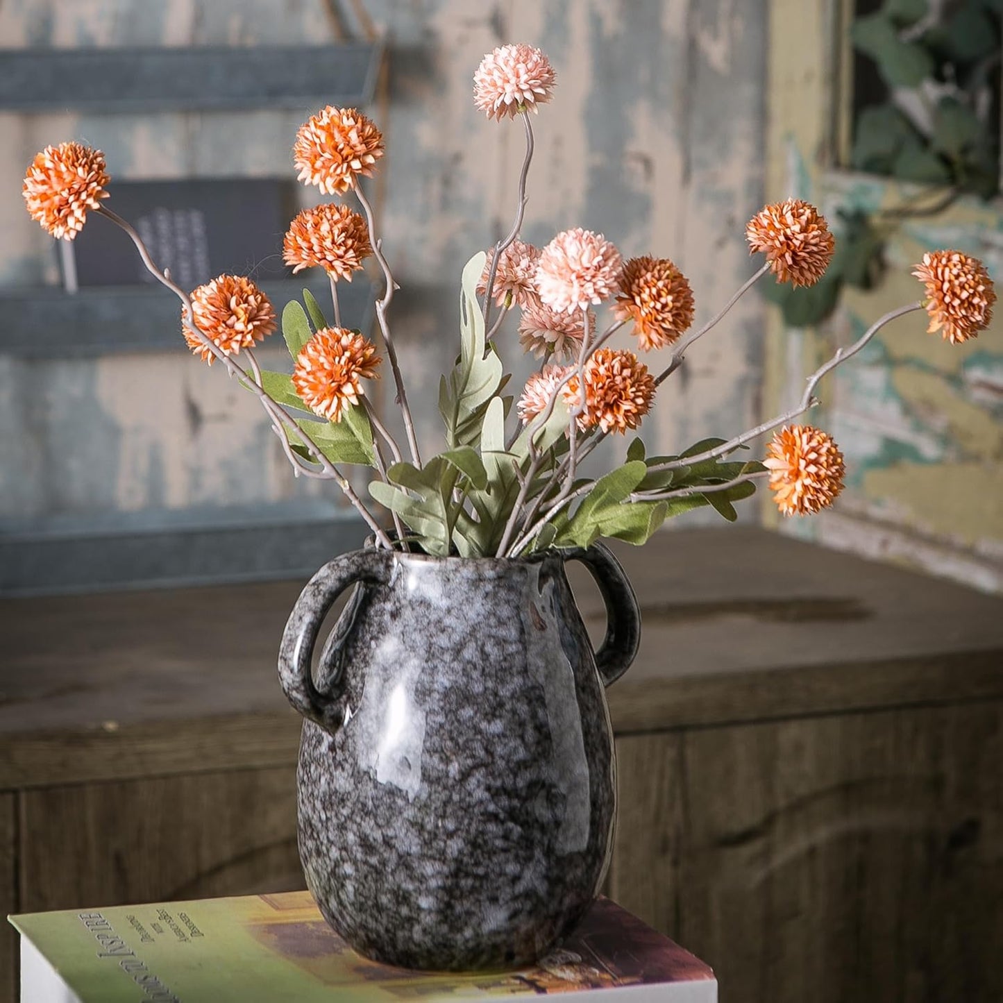 Black Ceramic Vase with 2 Handles, Modern Farmhouse Decor, Rustic Terracotta Pottery, Decorative Flower Vases, Clay Small Vase, Centerpiece for Dining Table - 7 Inch Tall