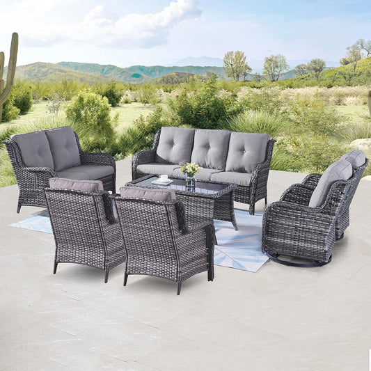 Outdoor Wicker Furniture Patio Set - 7 Piece Backyard Furniture Grey Rattan Conversation Sets with Swivel Rocker Chairs, Rattan Sofa, Club Chairs and Coffee Table, Grey Cushion