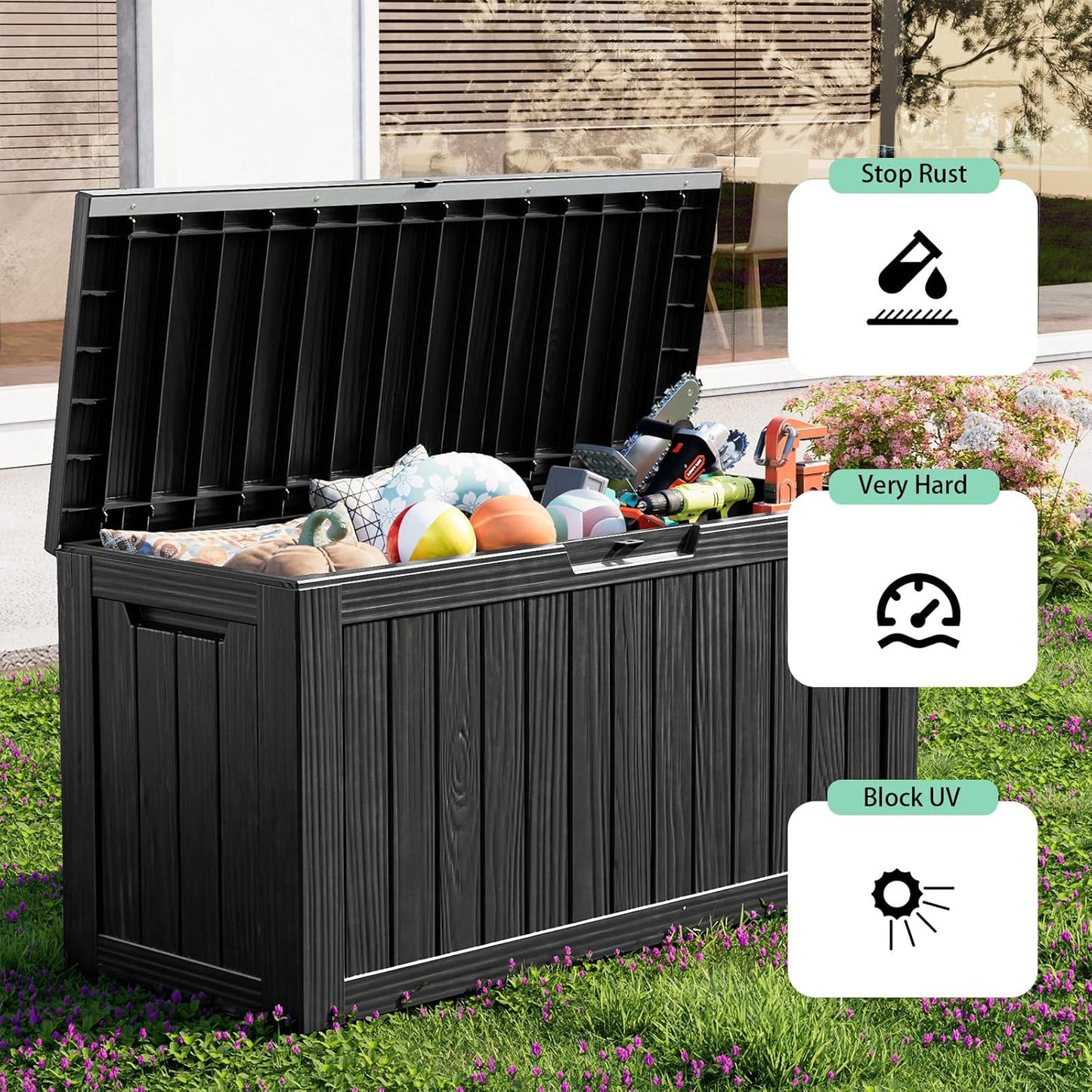 80 Gallon Waterproof Outdoor Storage Box,Resin Deck Box,Lockable Outside Storage Box Container for Patio Furniure,Garden,Tools (80 Gallon,Black)