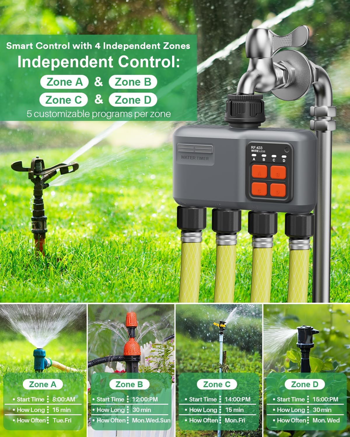 WiFi Sprinkler Timer 4 Zone with 984 Feet RF Gateway, 4 Outlet Smart Water Timer for Garden Hose with Rain Delay/Manual/Automatic,WiFi Water Hose Timers for Garden & Lawns