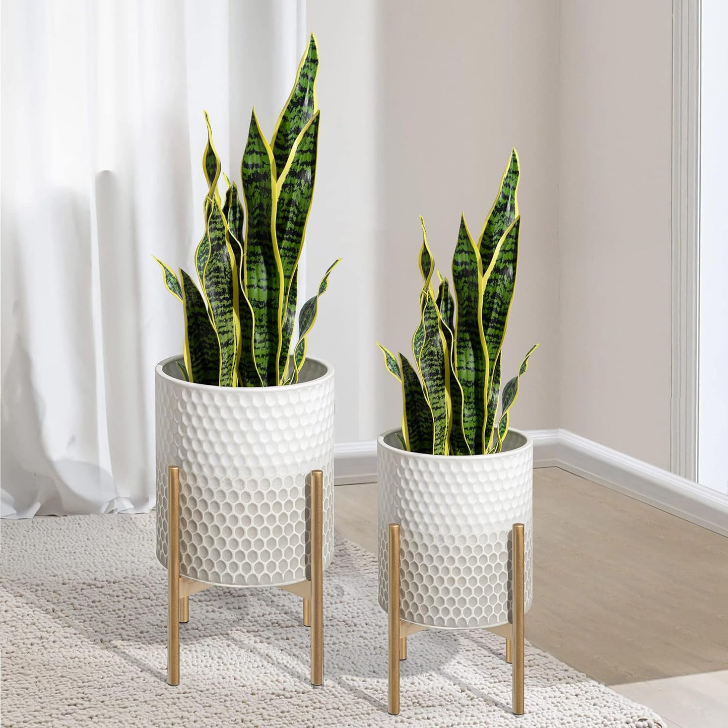 Oakrain Mid Century Planters for Indoor Plants, Set of 2, Modern Decorative Metal Pots for Living Room, Office, Garden or Balcony, Gray and White Gradient Planter with Stand, 8 inch&10 inch