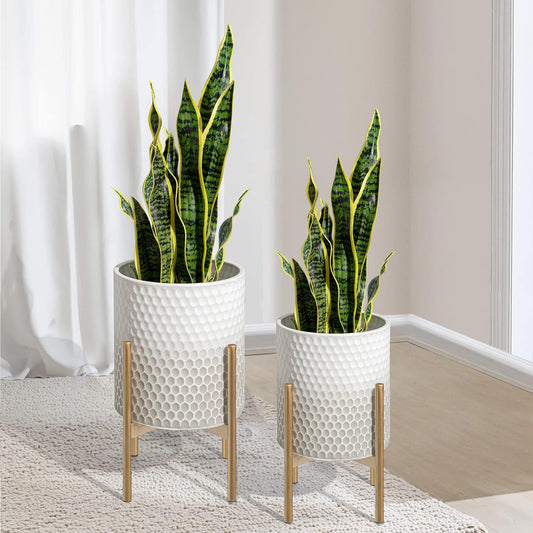 Oakrain Mid Century Planters for Indoor Plants, Set of 2, Modern Decorative Metal Pots for Living Room, Office, Garden or Balcony, Gray and White Gradient Planter with Stand, 8 inch&10 inch