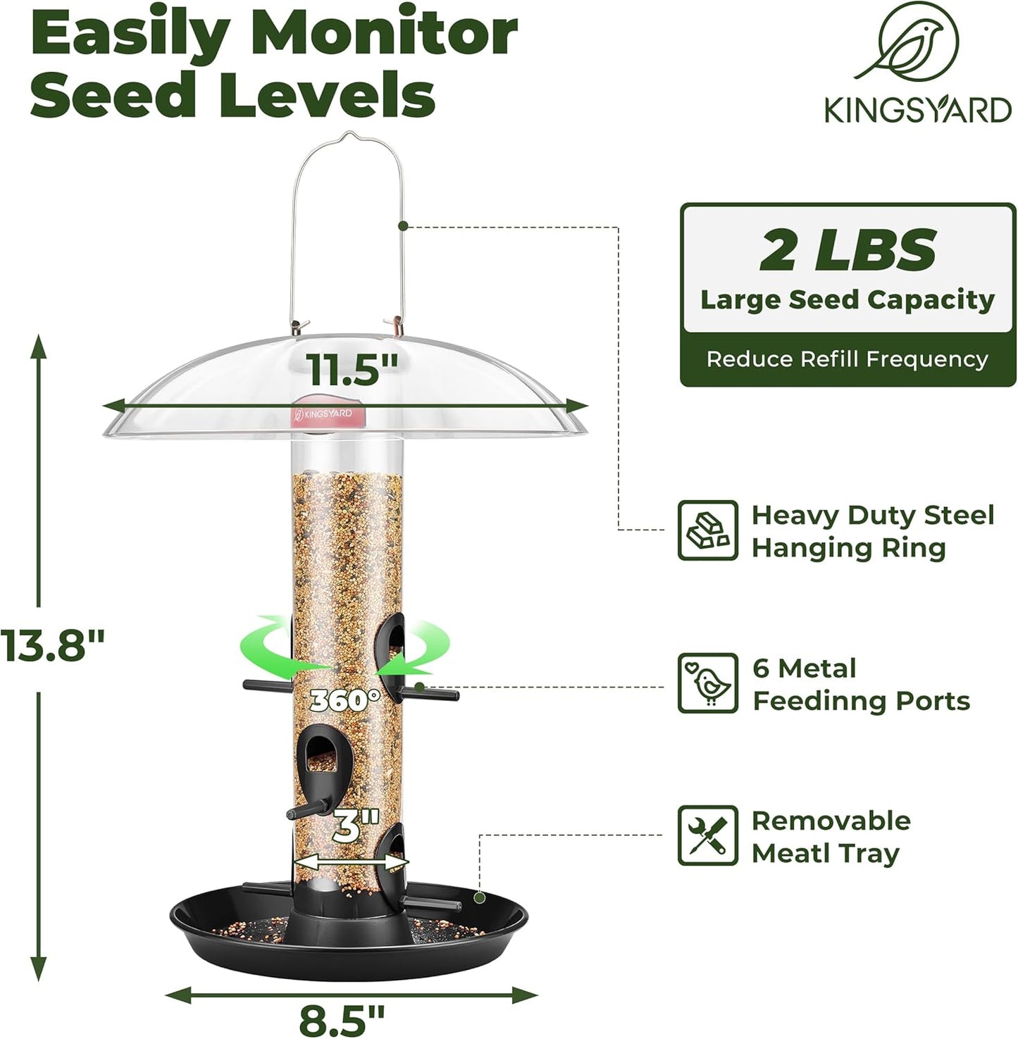 Kingsyard Metal Bird Feeders for Outdoors Hanging, Wild Bird Feeder for Finch Cardinal, Large Tray and Rainproof Dome, 2 lbs Seeds Capacity (Black)