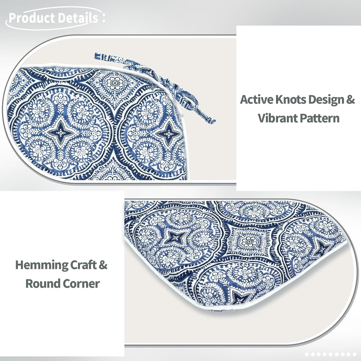 Indoor/Outdoor Chair Cushions 16x17 Inch, Patio Chair Cushions with Ties, All Weather Seat Cushions for Patio Furniture Home Garden Chair Use, Set of 2,Medallion Blue